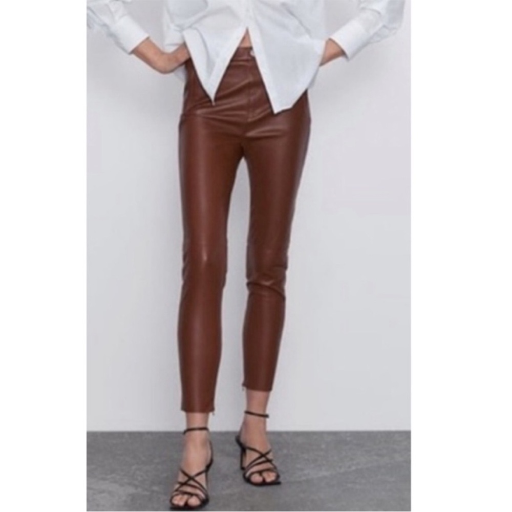 ▶️ Zara Faux Leather Pants Womens M Brown High Rise Pull On NWT Vegan Leather